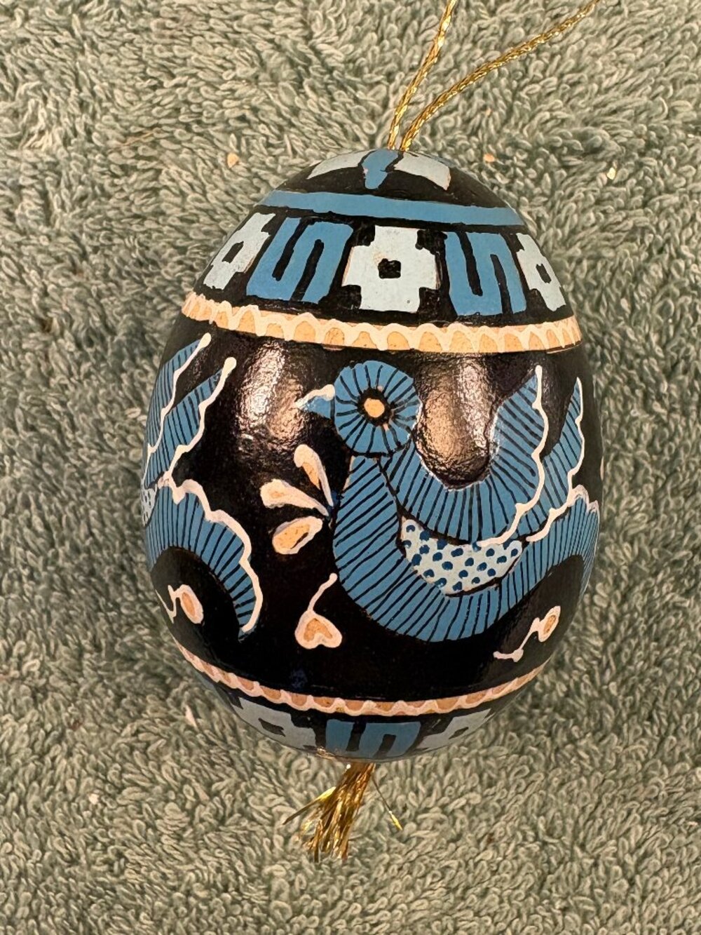 Vintage Hand Painted Mexican Wood Egg Christmas Ornament Blue Bird Folk Art 2.5"